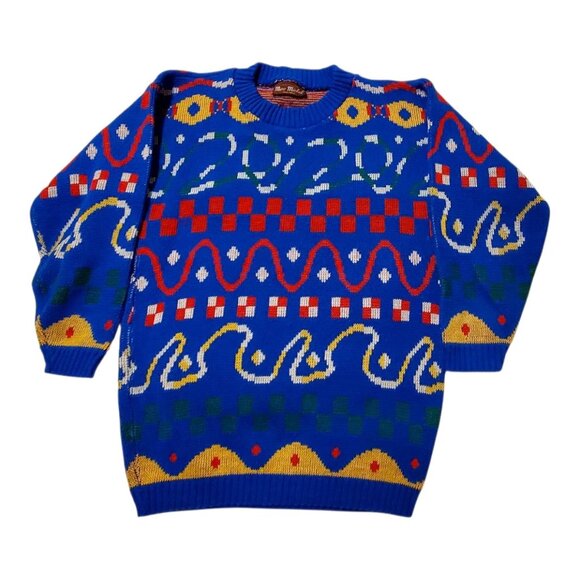 Vintage Marc Michel New York Sweater Men Blue Geometric Knit Pullover - Picture 4 of 12